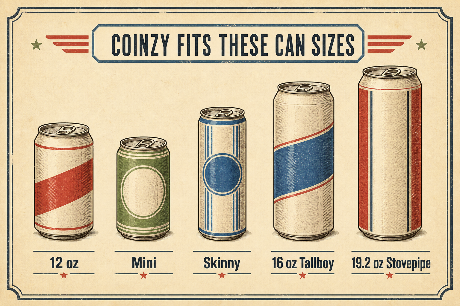 Illustrated guide showing 12 oz, mini, skinny, 16 oz tallboy, and 19.2 oz stovepipe can sizes