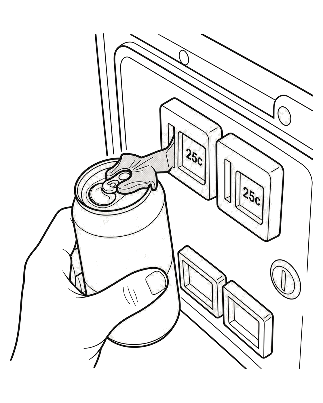 Illustration showing Coinzy hanging a can from a coin slot